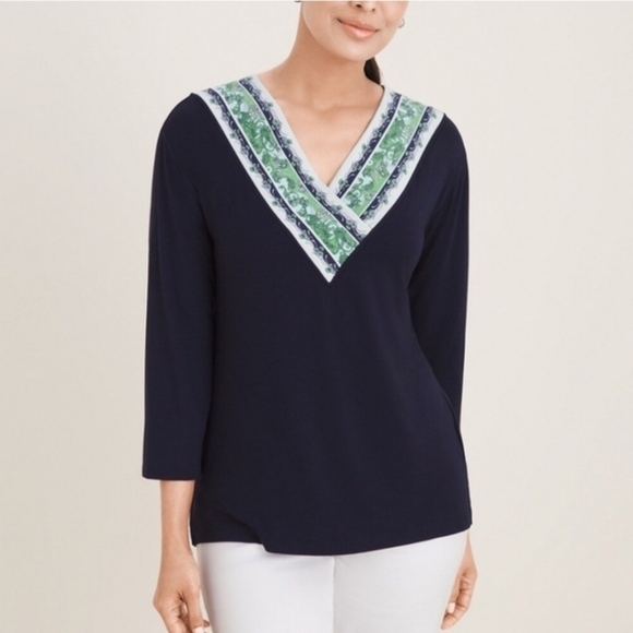 Chico's Tops - Chico's Touch Of Cool Scarf Navy Blue 3/4 Sleeve Knit Top XL
